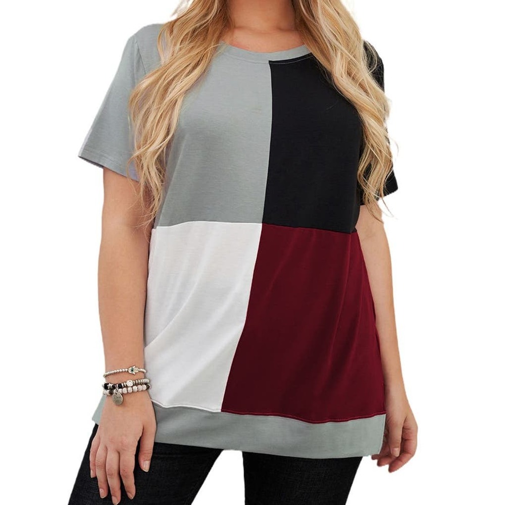 WINE RED WHITE GRAY BLACK CREW NECK COLOR BLOCK TOP SIZE 1X 14-16